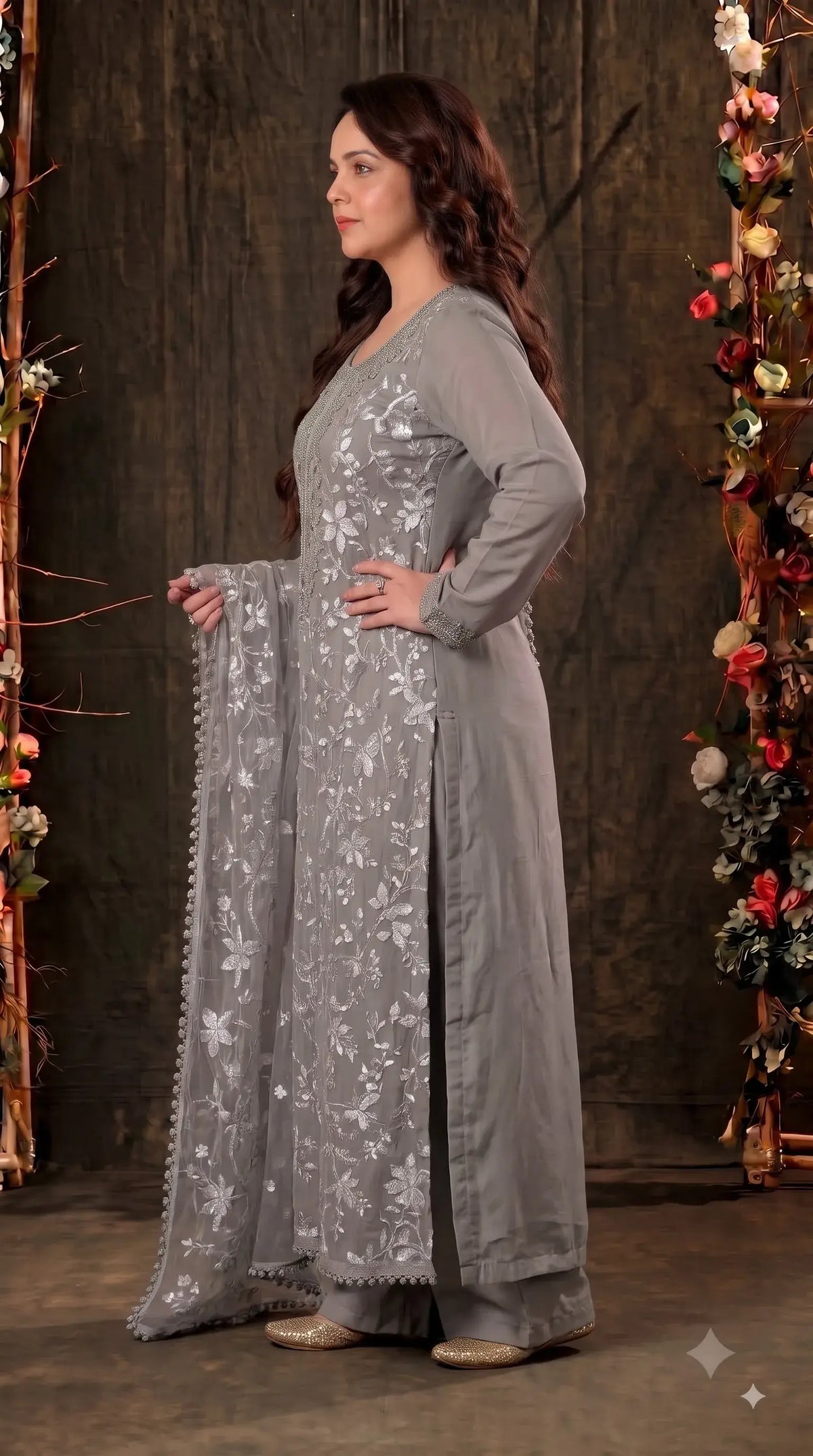 Pakistani Designer Soft Grey Soft Chiffon Suit with Elegant Applique Floral Work & Graceful Dupatta