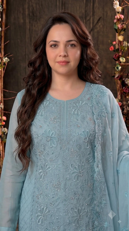 Pakistani Designer Soft Blue Pakistani Suit with Pearl Embroidery Work