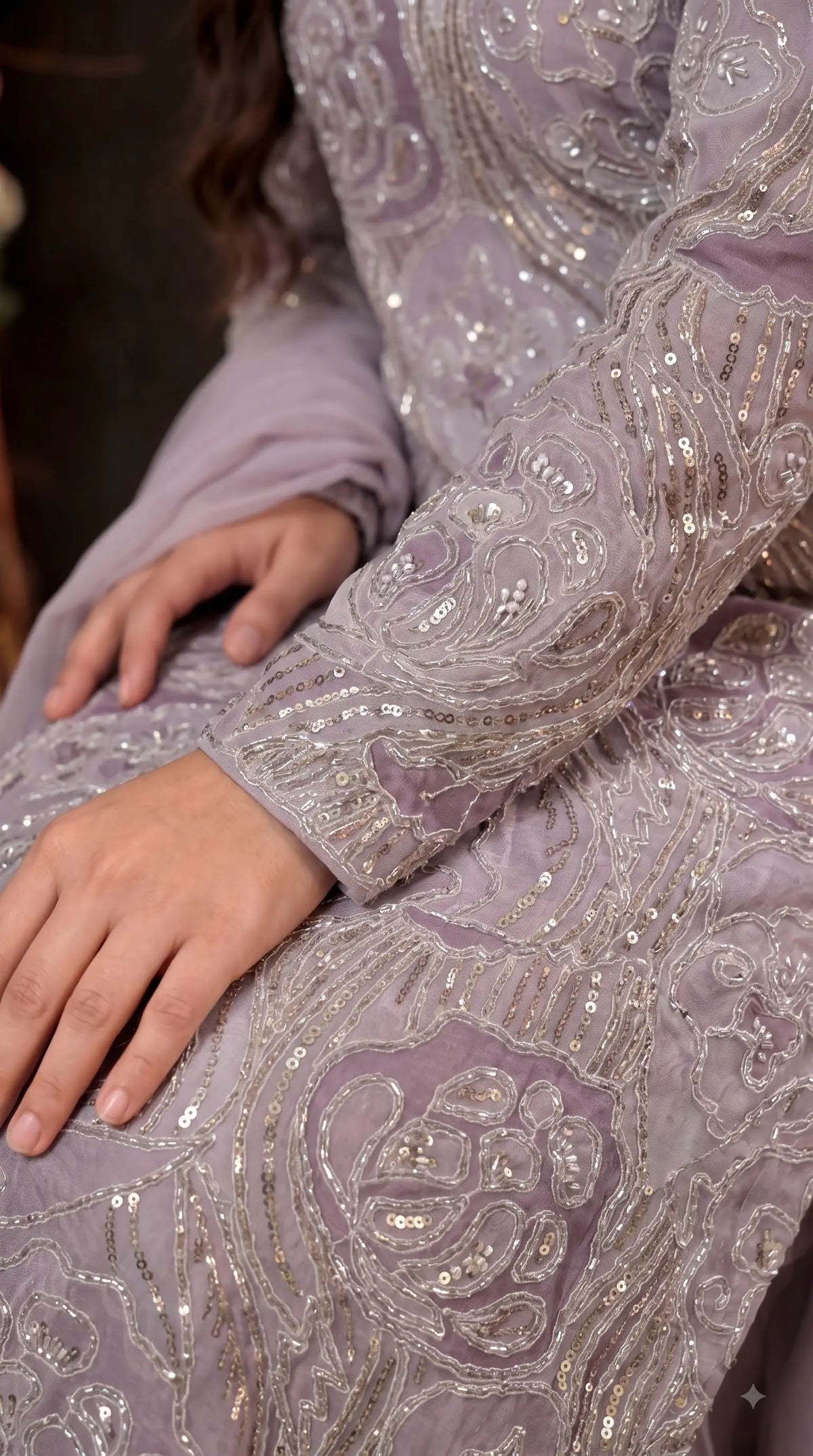 Pakistani Designer Lavender Shade Organza Ethnic-Western Suit with Pearl, Bead & Sequin Work