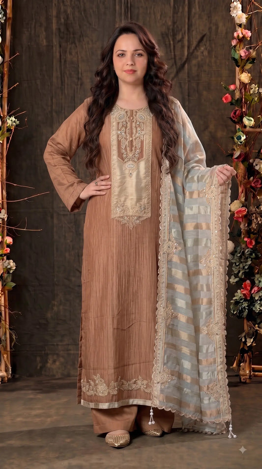 Premium Designer Caramel Bronze Soft Crush Suit with Pearl, Sequin & Intricate Embroidery Work