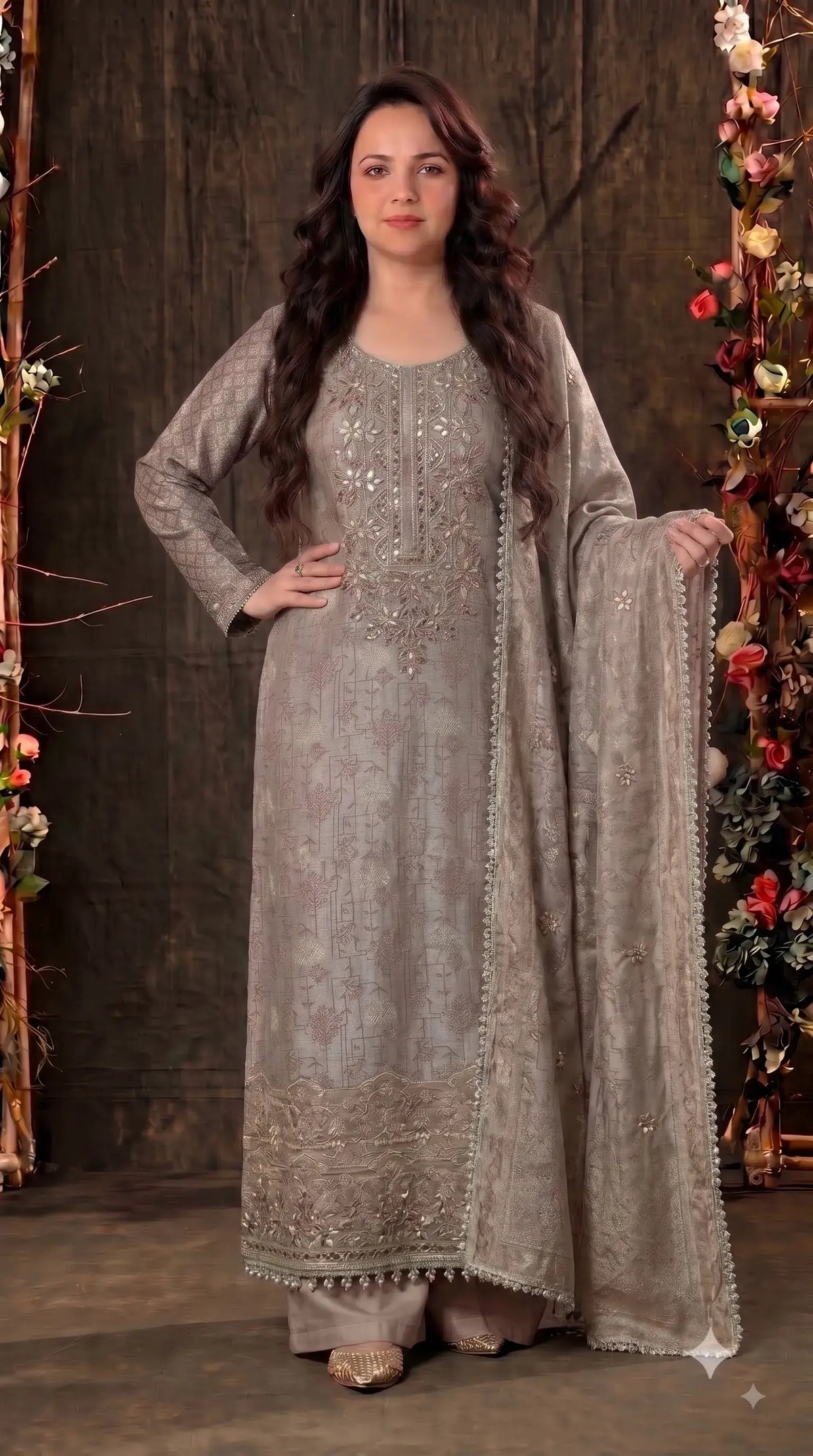 Pakistani Designer Ivory Shade Banarsi Suit with Mirror & Pearl Work