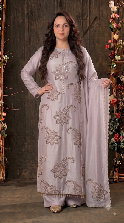 Premium Designer Lilac-Grey Ziraf Suit with Paisley Bead, Cutdana & Embroidered Work