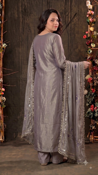 Premium Designer Smoky Mauve Kunbi Textured Suit with Pearl & Floral Embellishment