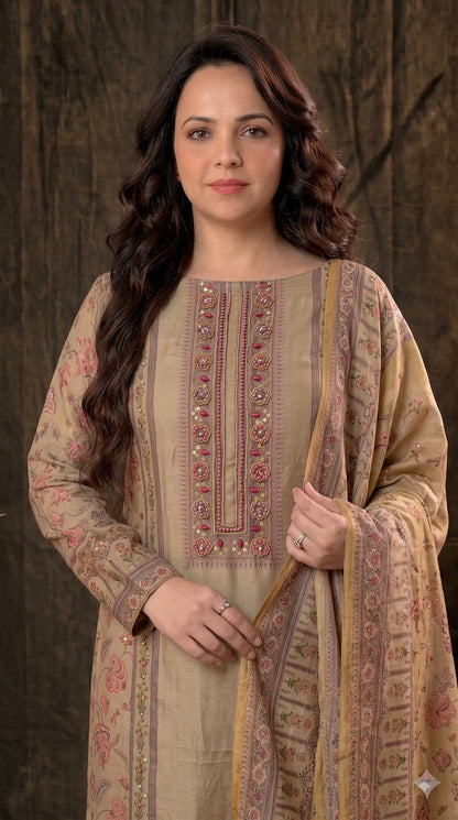Premium Designer Beige-Gold Very Soft Tissue Suit with Pink Floral Pearl, Bead & Sequin Work