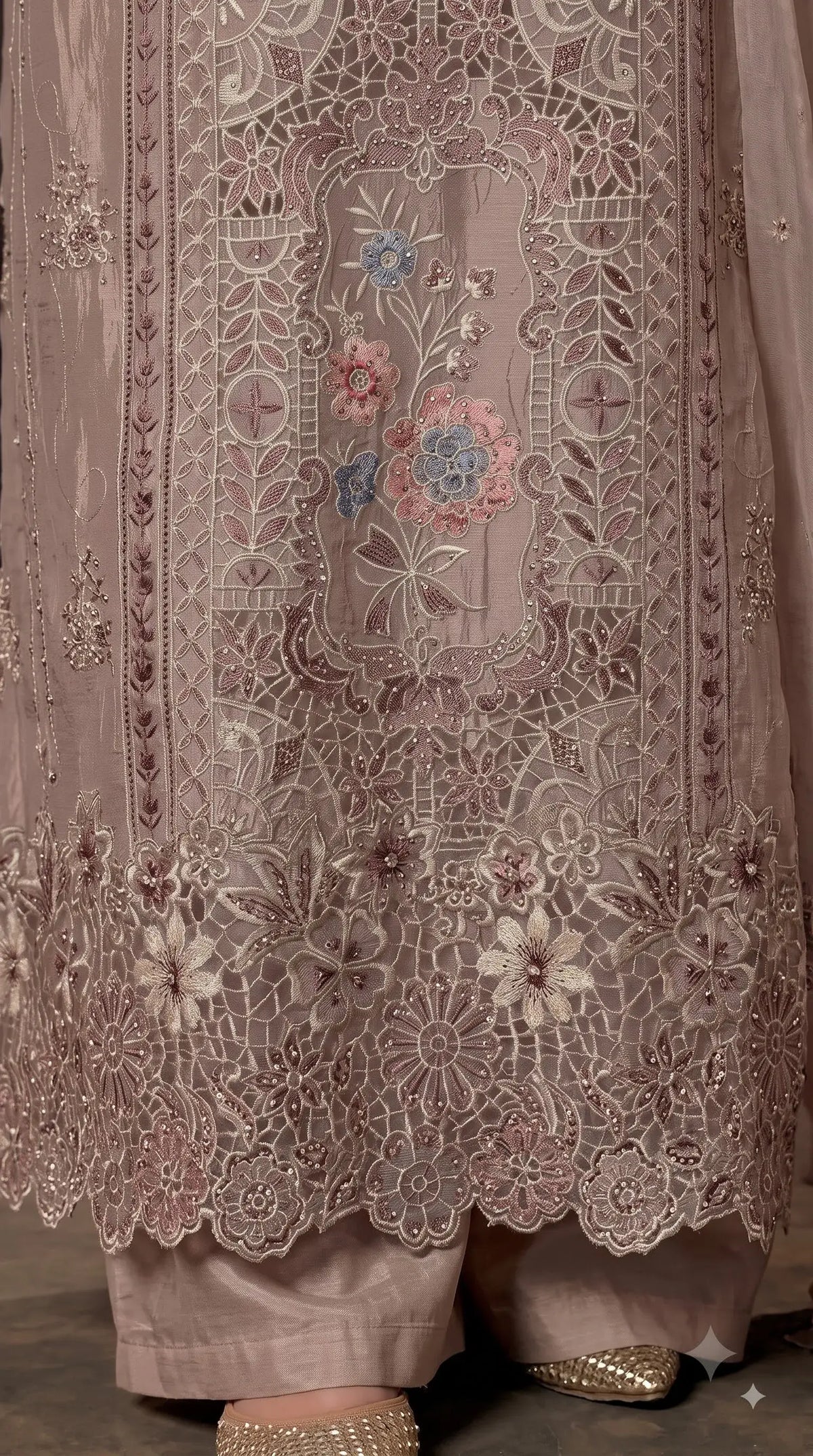 Premium Designer Dusty Rose Taupe Shimmer Silk Suit with Cutwork Floral Embroidery