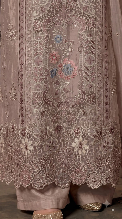 Premium Designer Dusty Rose Taupe Shimmer Silk Suit with Cutwork Floral Embroidery