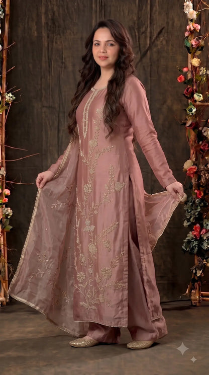 Pakistani Designer Antique Rose Tissue Suit with Floral Handwork, Bead & Sequin Detailing