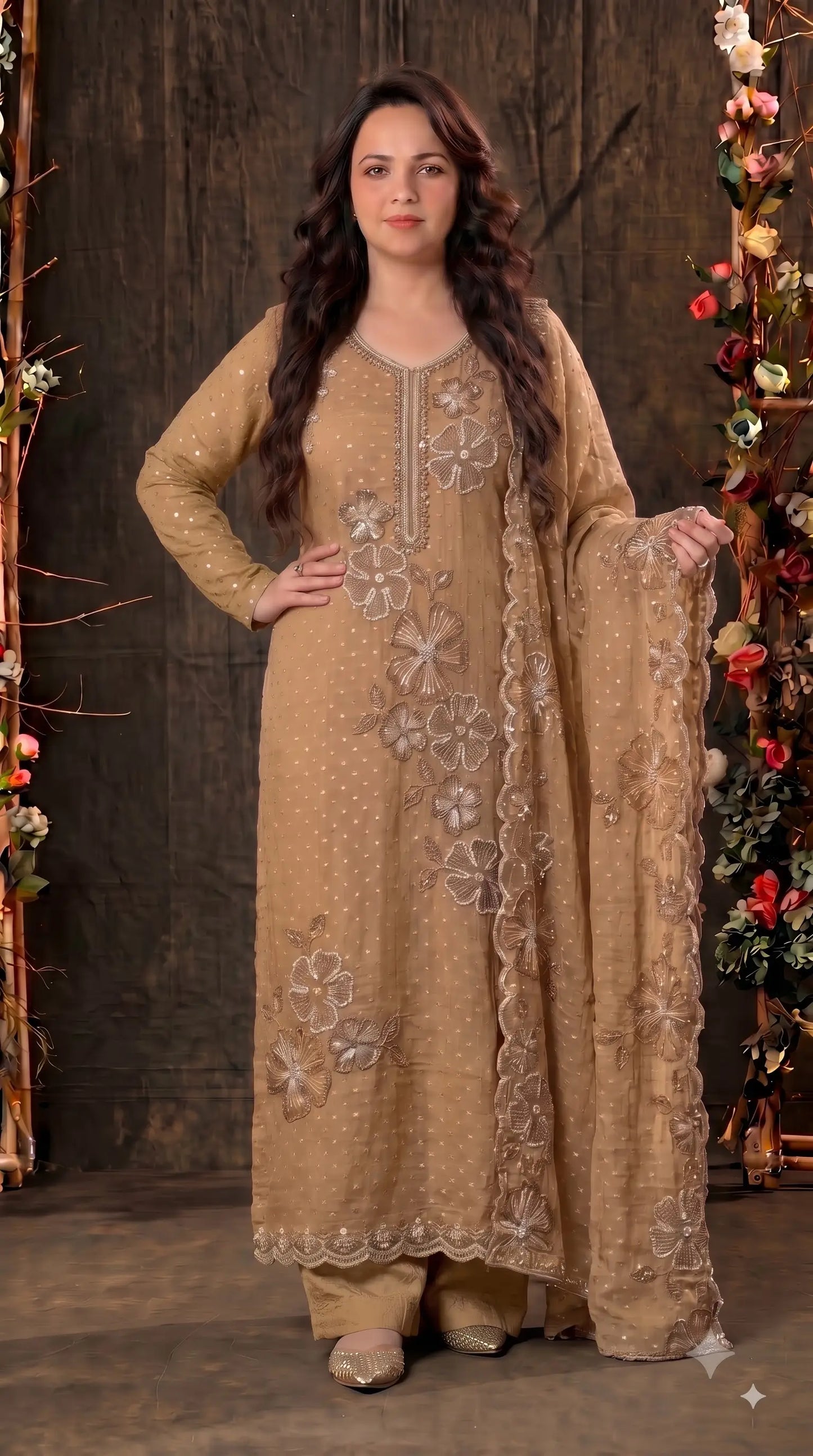 Premium Designer Antique Gold Soft Tissue Suit with Floral Pearl, Sequin & Bead Work