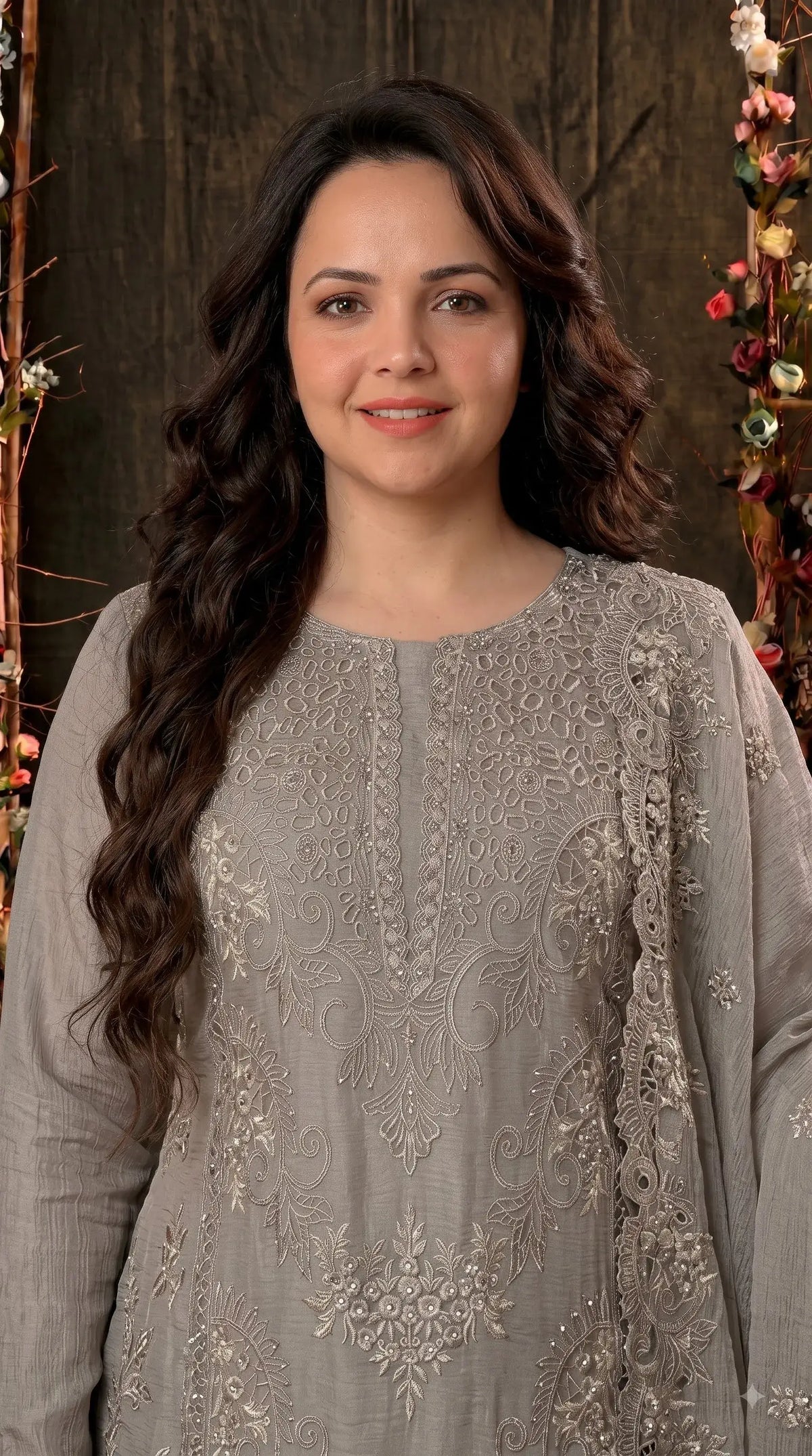Pakistani Designer Ivory Marble Chiffon Suit with Cutwork Embroidery & Swarovski Work Pakistani Suit