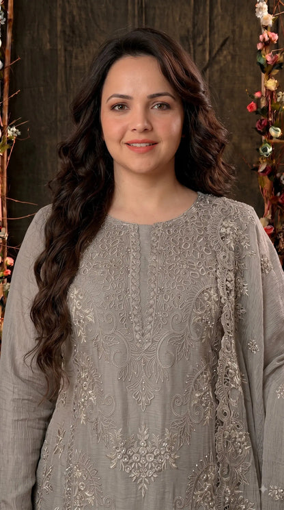 Pakistani Designer Ivory Marble Chiffon Suit with Cutwork Embroidery & Swarovski Work Pakistani Suit