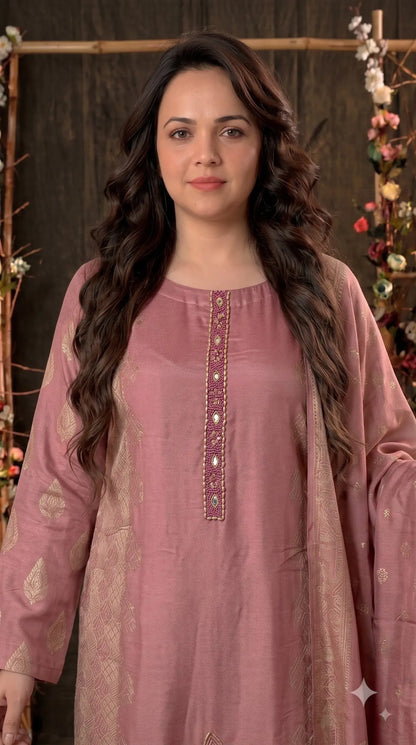 Pakistani Soft Pink Banarsi Pakistani Designer Suit with Floral Embroidery, Pearl, Bead & Mirror Work
