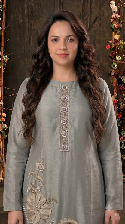 Premium Designer Silver Shade Designer Suit in Soft Tissue Fabric with Royal Hand Work