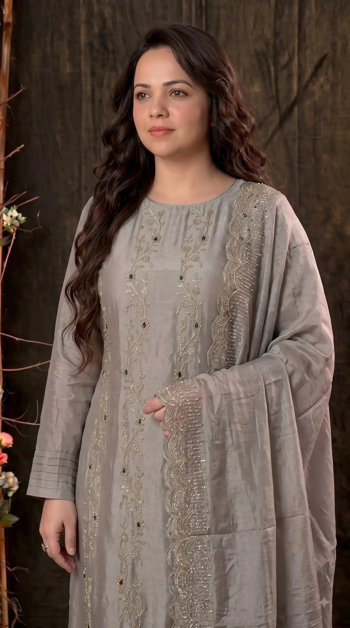 Premium Designer Misty Mauve Soft Tissue Suit with Elegant Stone Work