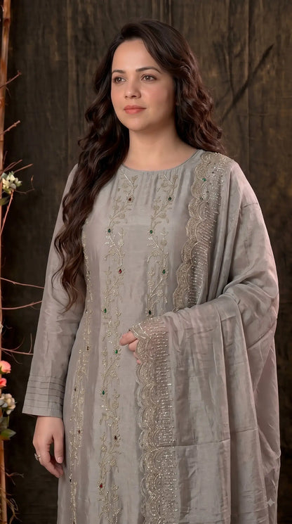 Premium Designer Misty Mauve Soft Tissue Suit with Elegant Stone Work