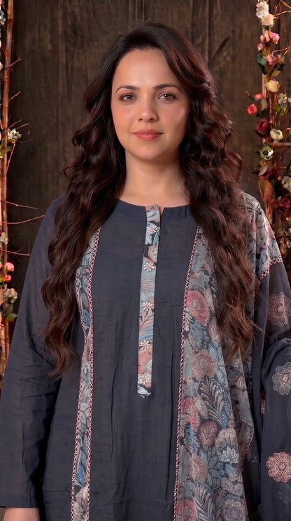 Navy Blue Mul Cotton Suit with Floral Embroidery & Printed Dupatta