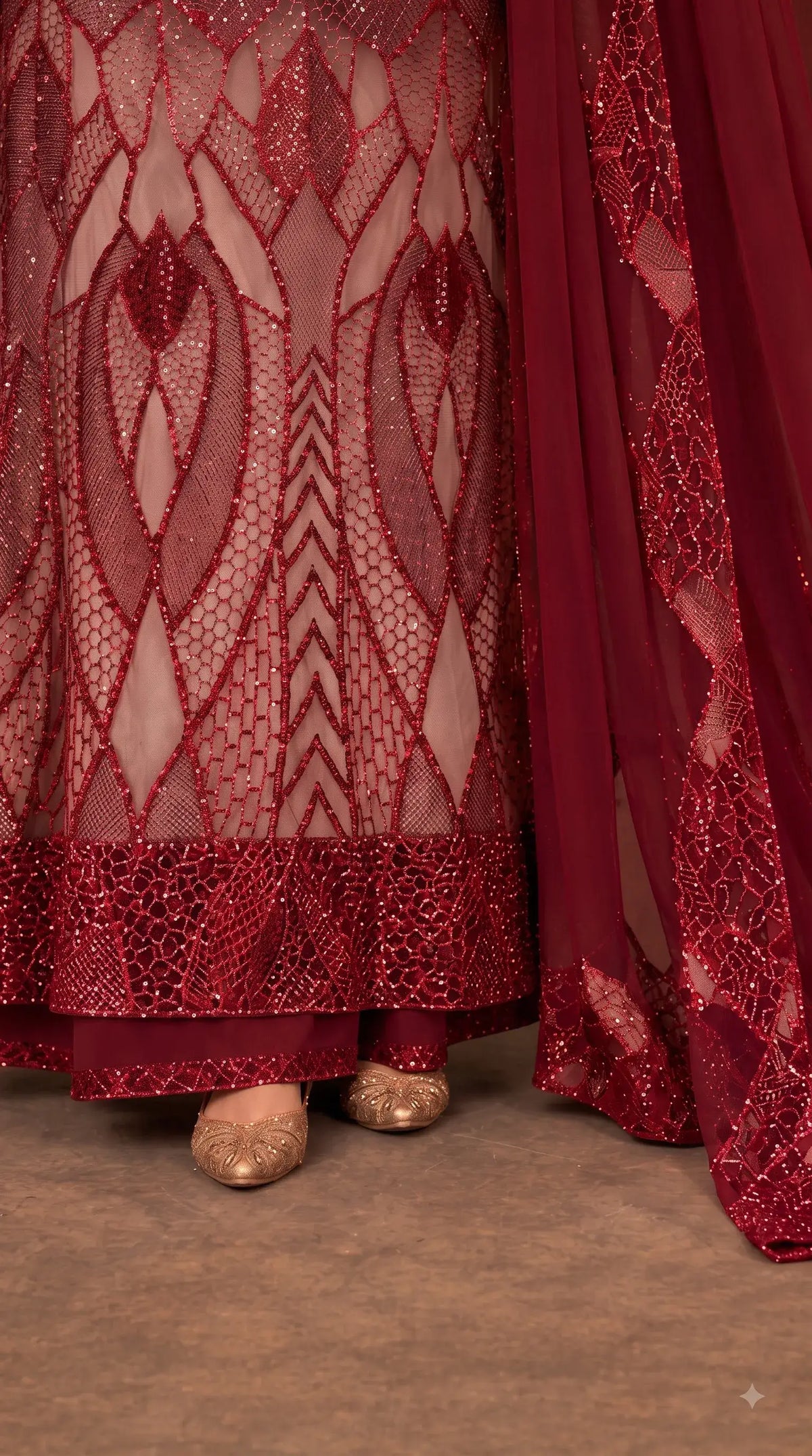 Royal Red Imported Premium Soft Net Pakistani Designer Suit with Handwork, Cut Dana, Pearl & Sequin Work