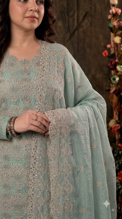 Premium Seafoam Mint Soft Crush Tissue Designer Suit with Intricate Cutwork Embroidery & Sequin Work