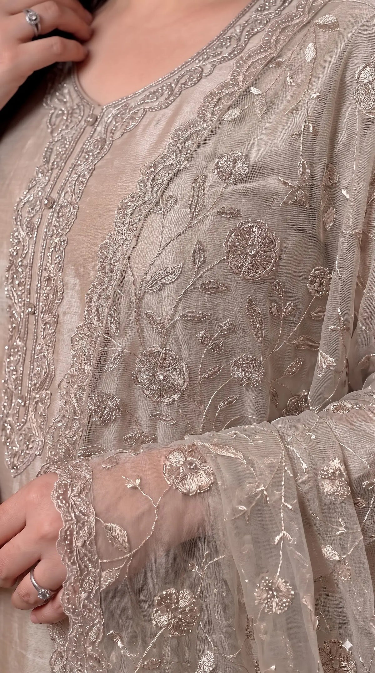 Premium Designer Ivory Taneria Suit with Silver Floral Embroidery & Embroidered Dupatta