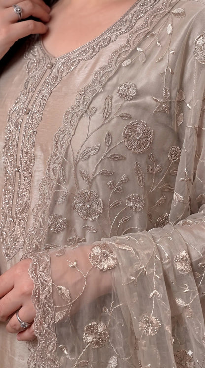 Premium Designer Ivory Taneria Suit with Silver Floral Embroidery & Embroidered Dupatta