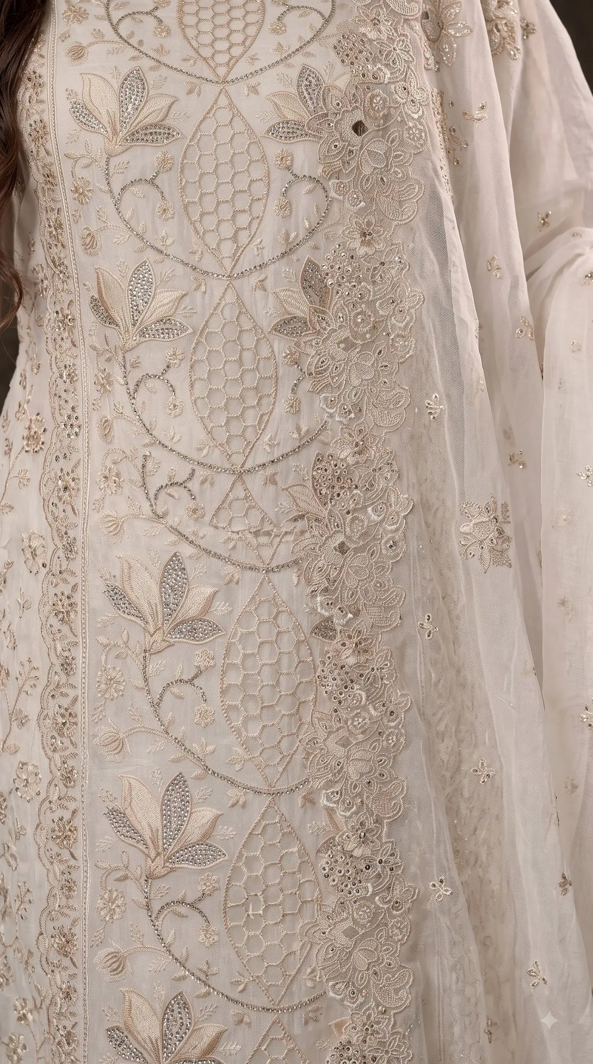 Premium Designer White Marble Chiffon Suit with Intricate Cutwork, Crystal & Floral Embroidery