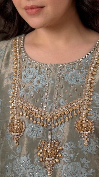 Premium Pastel Tissue Pakistani Designer Suit with Floral Embroidery, Pearl & Sequin Handwork