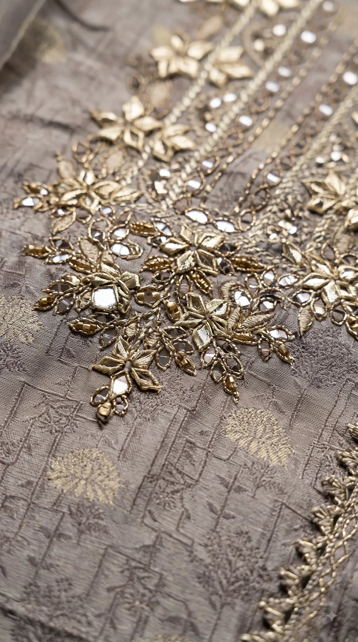 Pakistani Designer Silver Grey Banarsi Suit with Mirror & Pearl Work