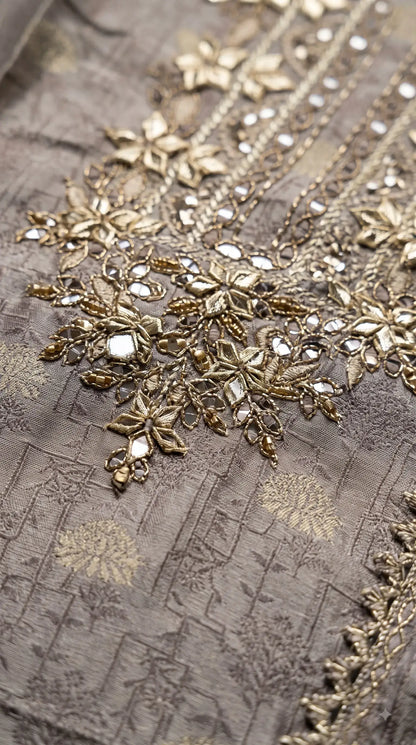 Pakistani Designer Silver Grey Banarsi Suit with Mirror & Pearl Work