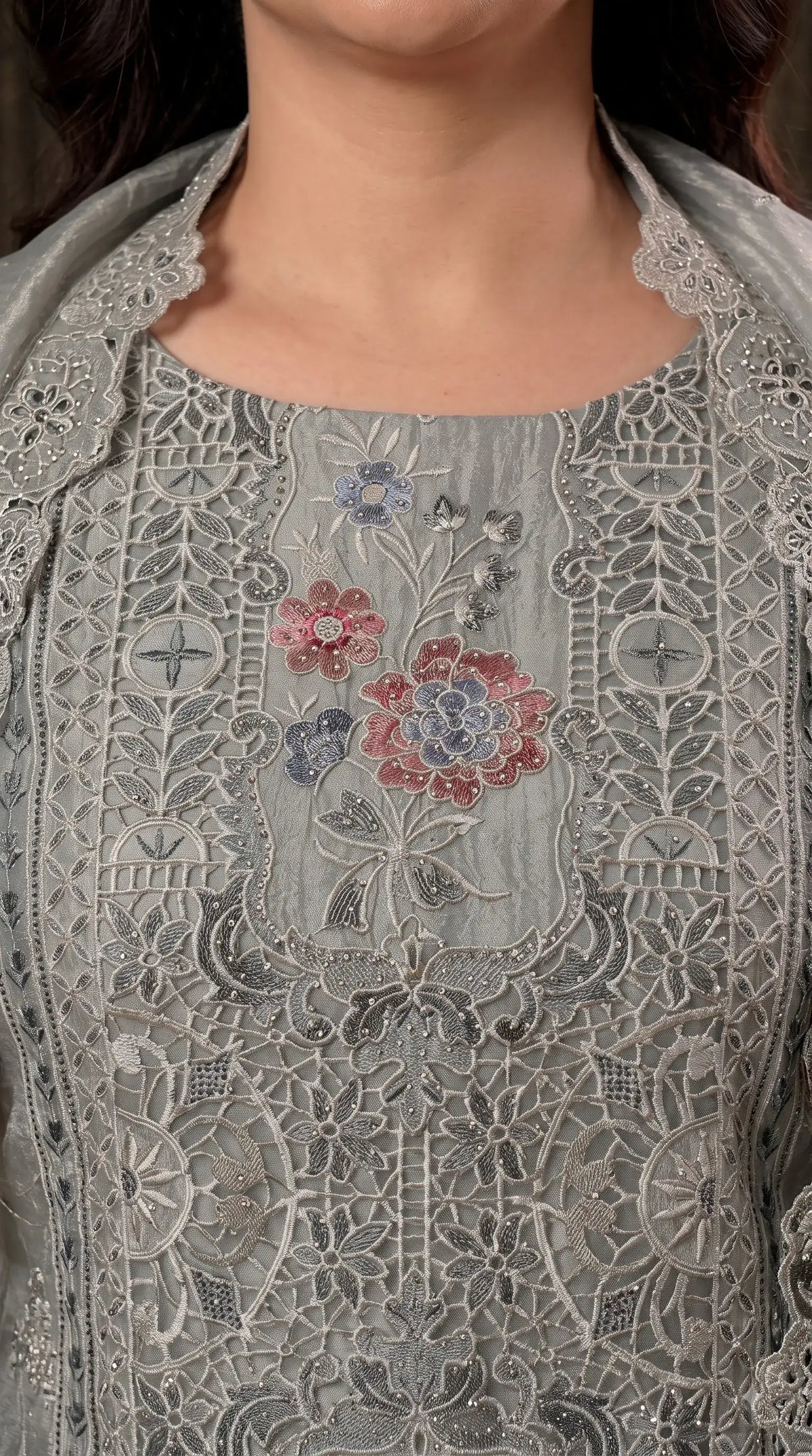 Premium Designer Sage Green Shimmer Silk Suit with Cutwork & Floral Embroidery