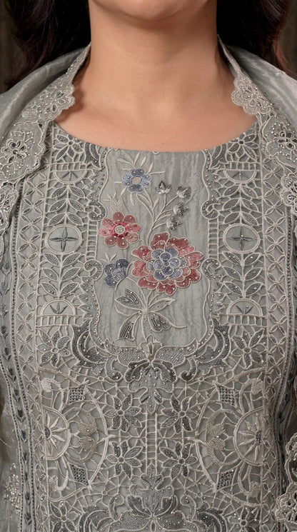 Premium Designer Sage Green Shimmer Silk Suit with Cutwork & Floral Embroidery