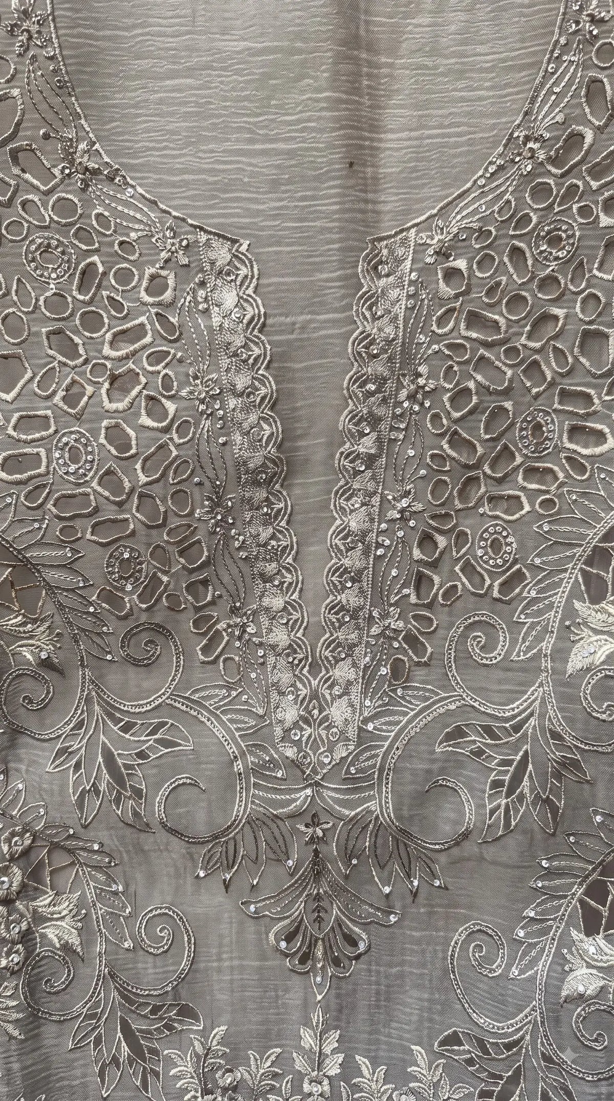 Pakistani Designer Ivory Marble Chiffon Suit with Cutwork Embroidery & Swarovski Work Pakistani Suit