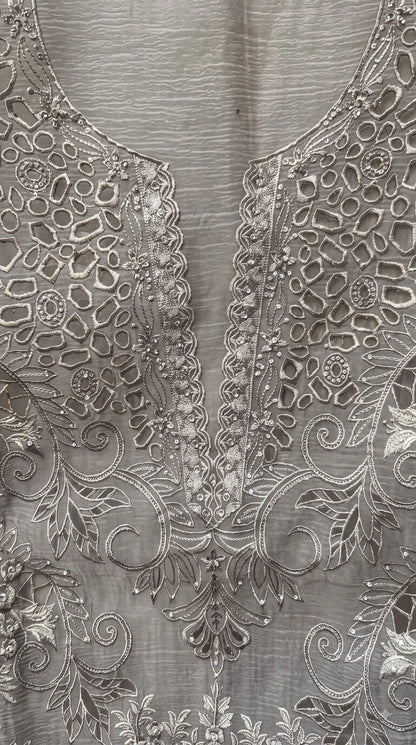 Pakistani Designer Ivory Marble Chiffon Suit with Cutwork Embroidery & Swarovski Work Pakistani Suit