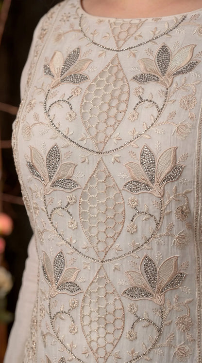 Premium Designer White Marble Chiffon Suit with Intricate Cutwork, Crystal & Floral Embroidery