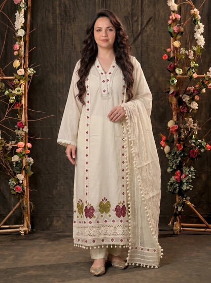 Premium Pakistani Mull Cotton Suit with Mirror & Thread Embroidery