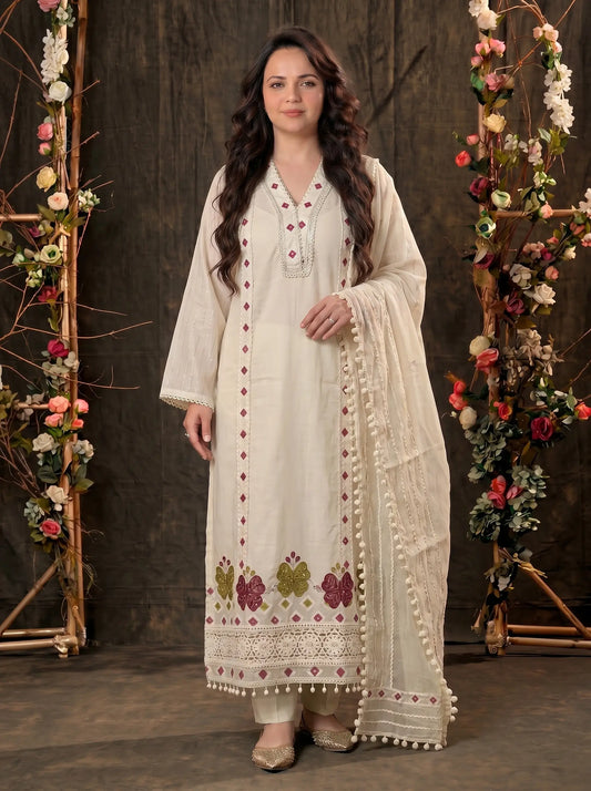 Premium Pakistani Mull Cotton Suit with Mirror & Thread Embroidery