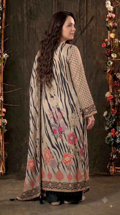 Premium Designer Beige Black Silk Suit with Floral Print, Pearl Work & Elegant Dupatta