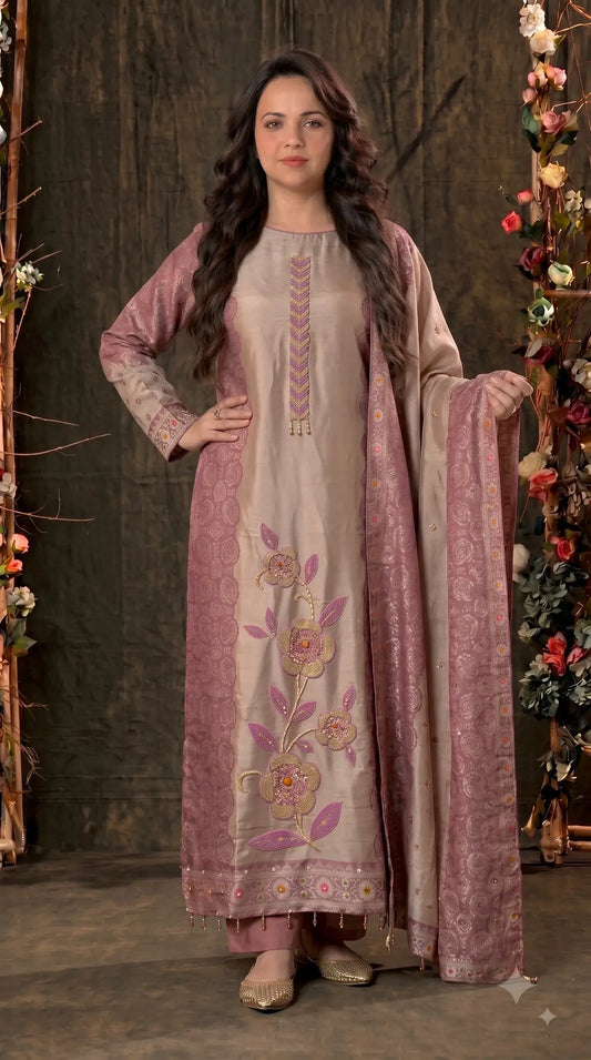 Pakistani Designer Pink Shade Banarsi Suit with Floral Bead & Sequin Work