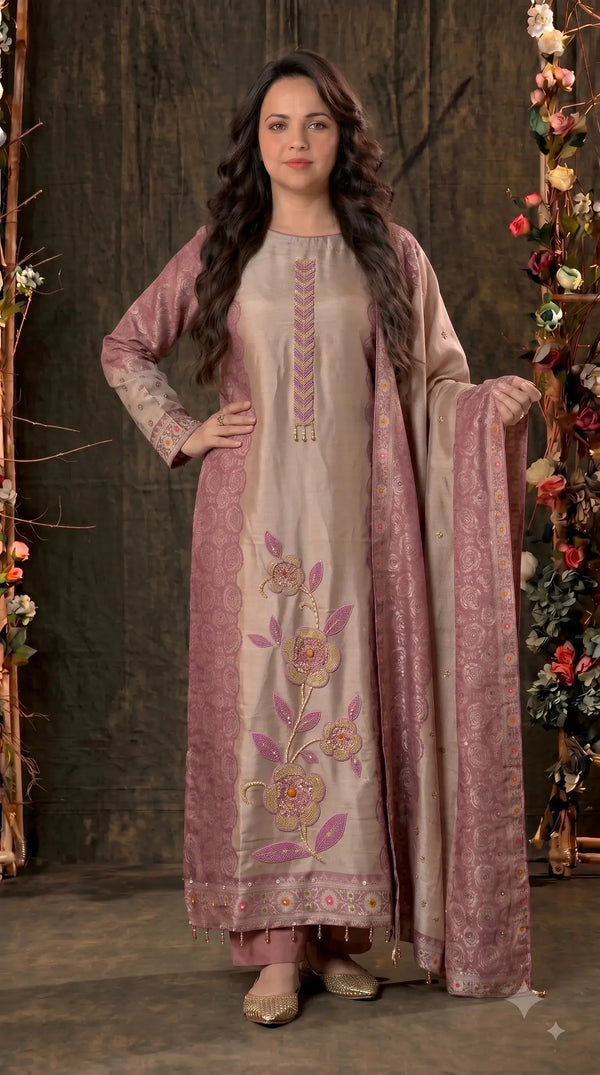 Pakistani Designer Pink Shade Banarsi Suit with Floral Bead & Sequin Work