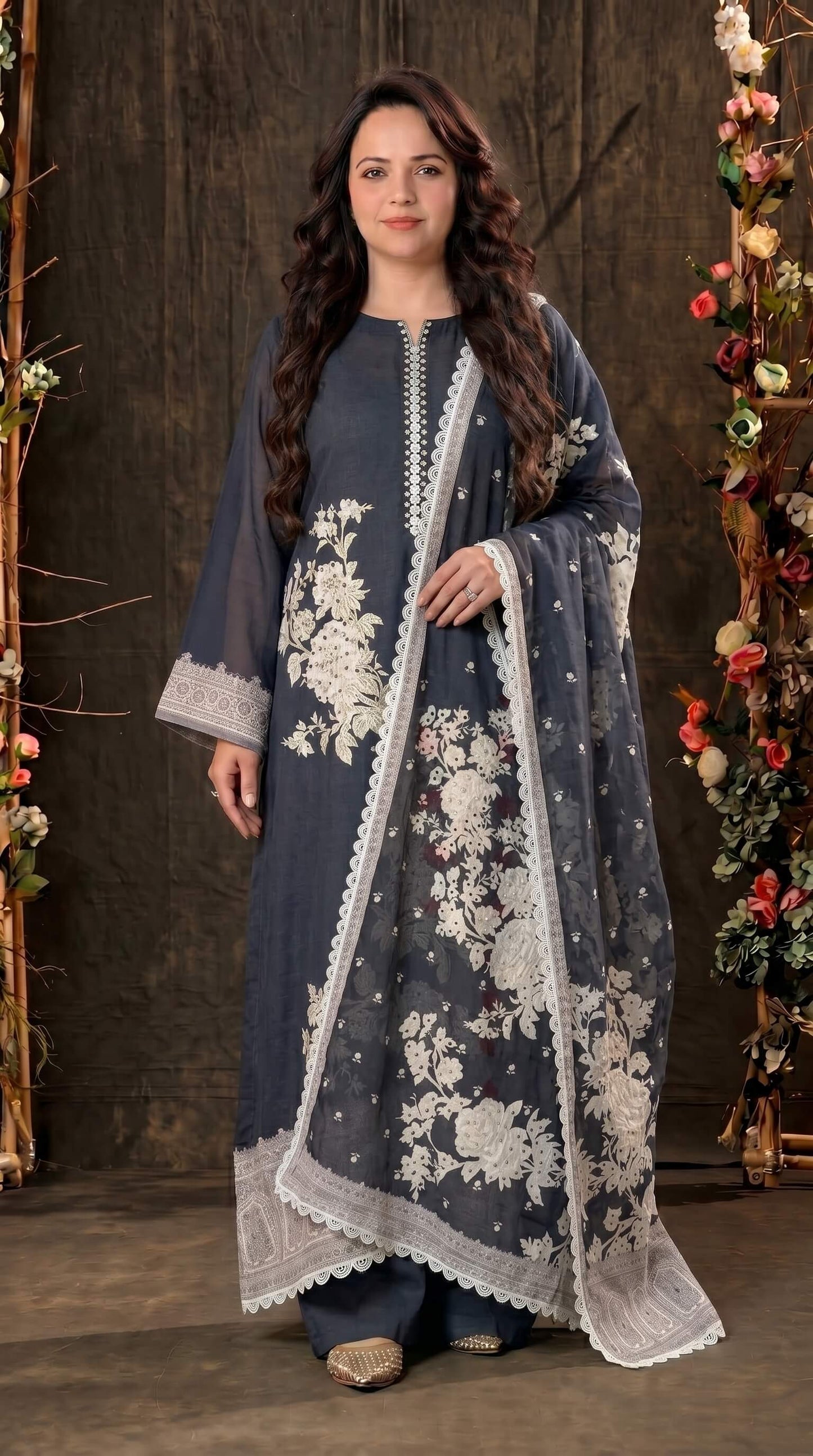 Black Floral Mull Cotton Pakistani Suit with Embroidered Dupatta