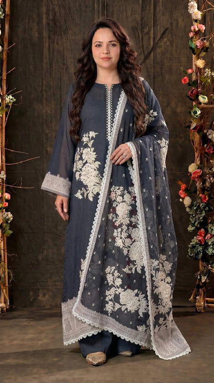 Black Floral Mull Cotton Pakistani Suit with Embroidered Dupatta