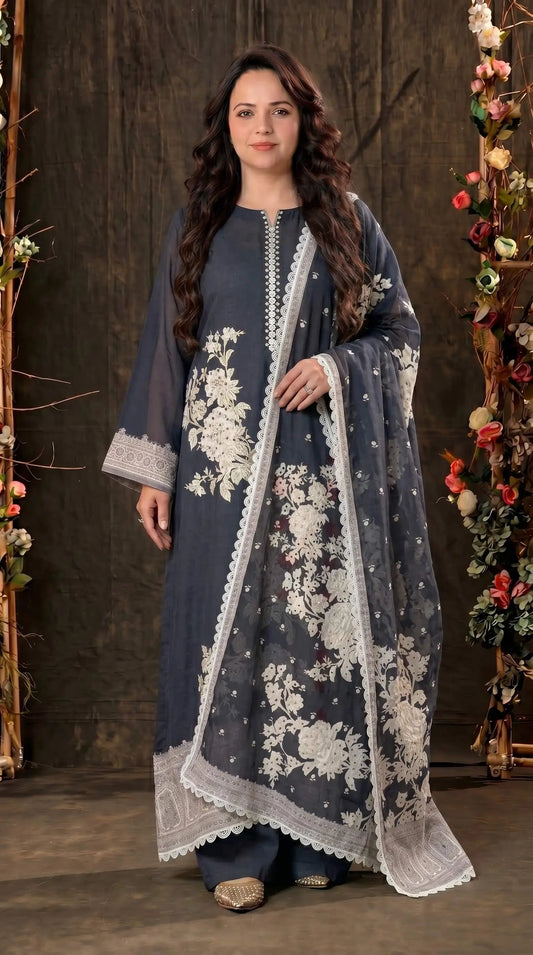 Black Floral Mull Cotton Pakistani Suit with Embroidered Dupatta