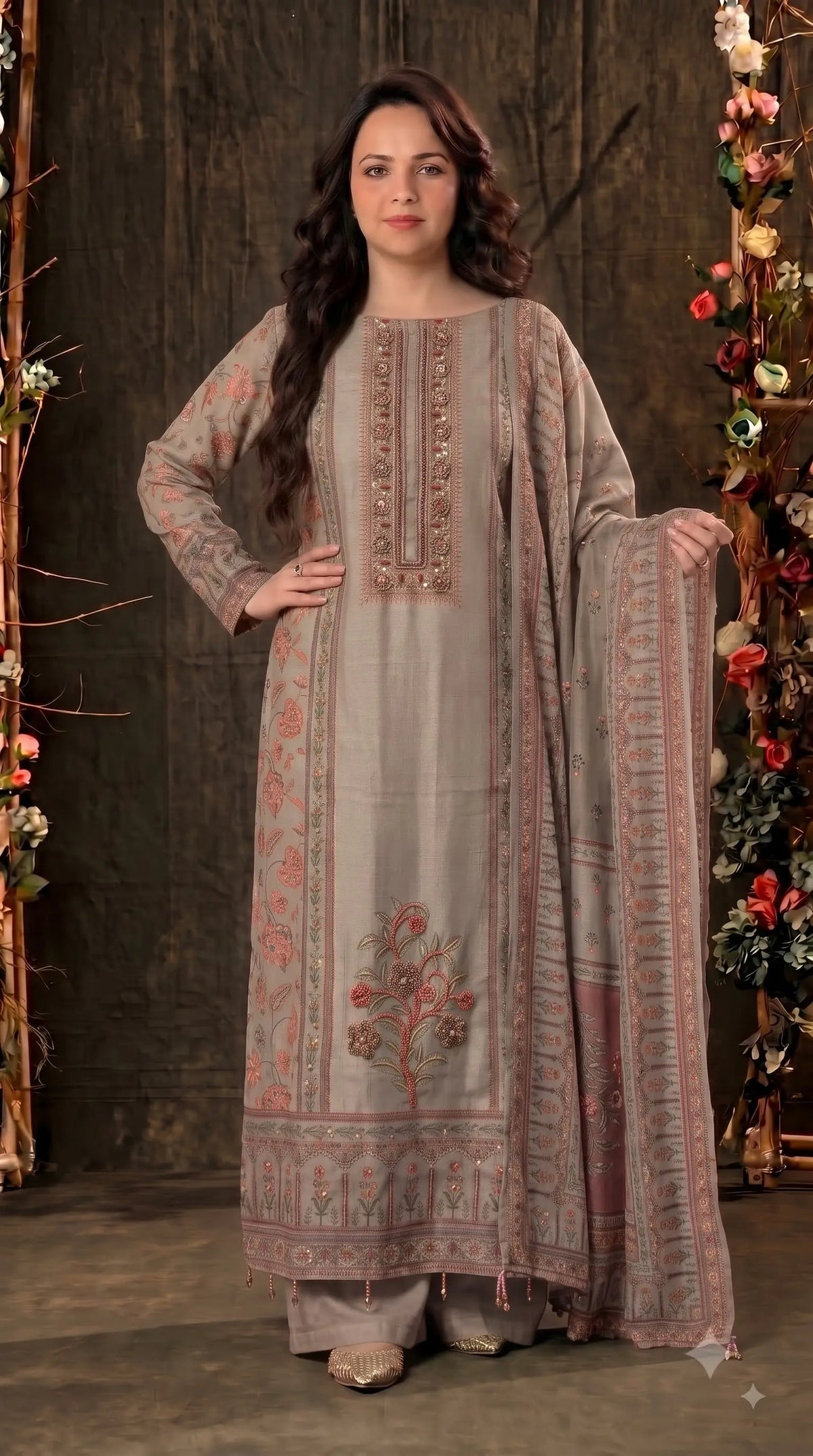 Pakistani Designer Grey Very Soft Tissue Suit with Pink Floral Pearl, Bead & Sequin Work