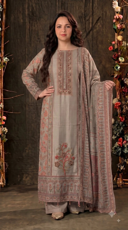 Pakistani Designer Grey Very Soft Tissue Suit with Pink Floral Pearl, Bead & Sequin Work