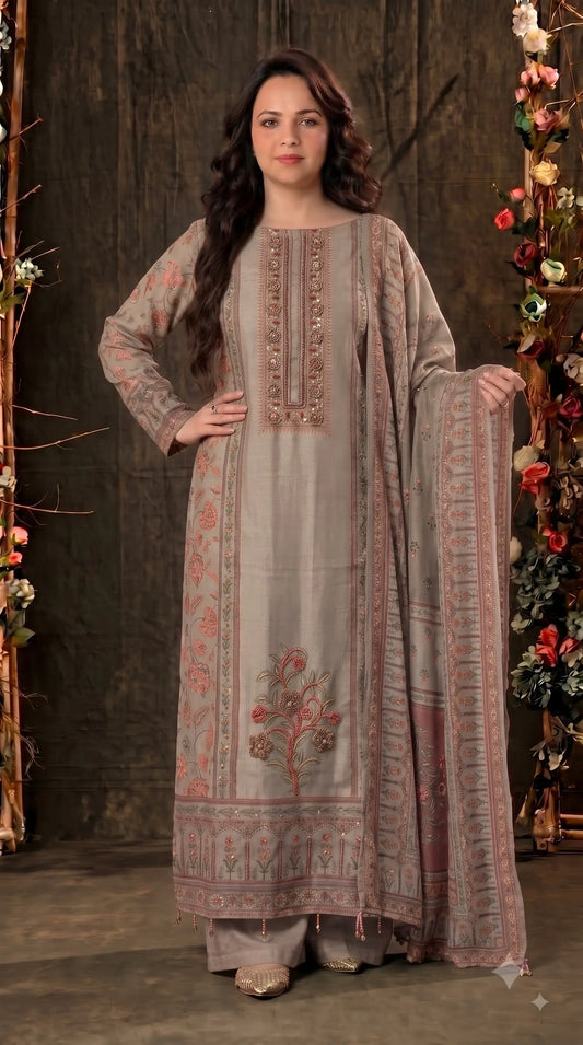Pakistani Designer Grey Very Soft Tissue Suit with Pink Floral Pearl, Bead & Sequin Work