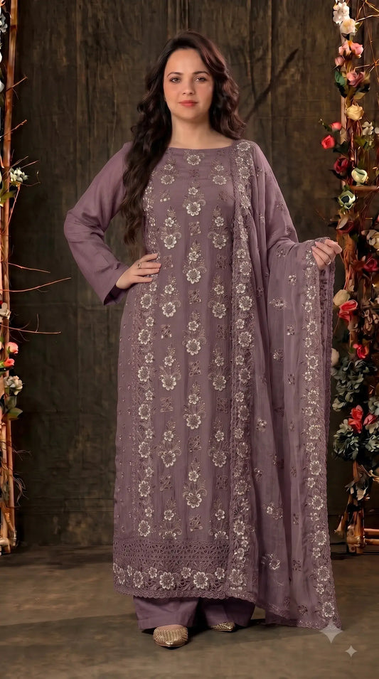 Pakistani Designer Mauve Shade Soft Crush Tissue Suit with Floral Embroidery, Pearl & Sequin Work