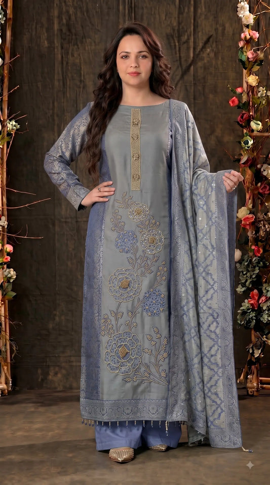 Premium Designer Silver Grey & Blue Banarasi Fabric Suit with Pearl, Bead & Sequin Work