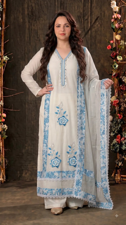 Premium Designer Off-White Mull Cotton Suit with Blue Floral Embroidery, Pearl & Sequin Work