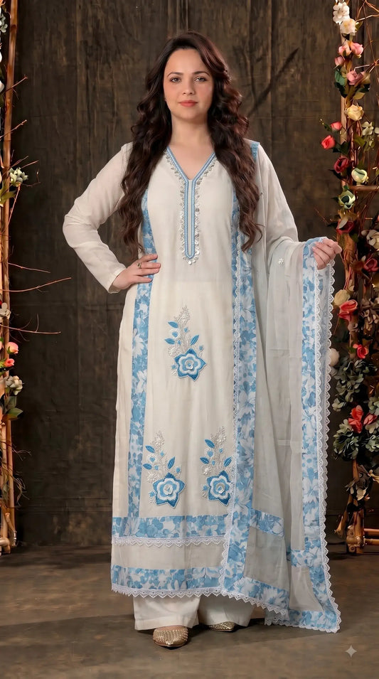 Premium Designer Off-White Mull Cotton Suit with Blue Floral Embroidery, Pearl & Sequin Work