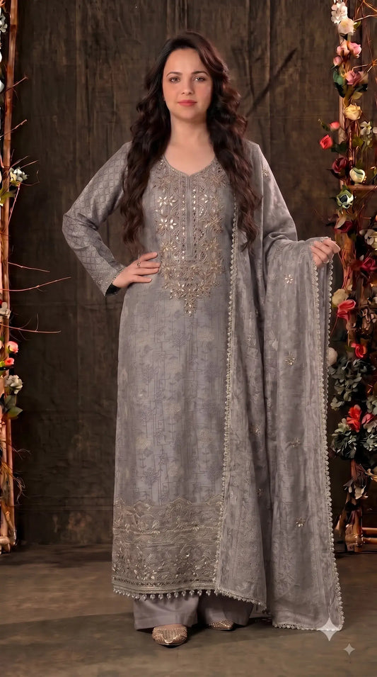 Pakistani Designer Silver Grey Banarsi Suit with Mirror & Pearl Work
