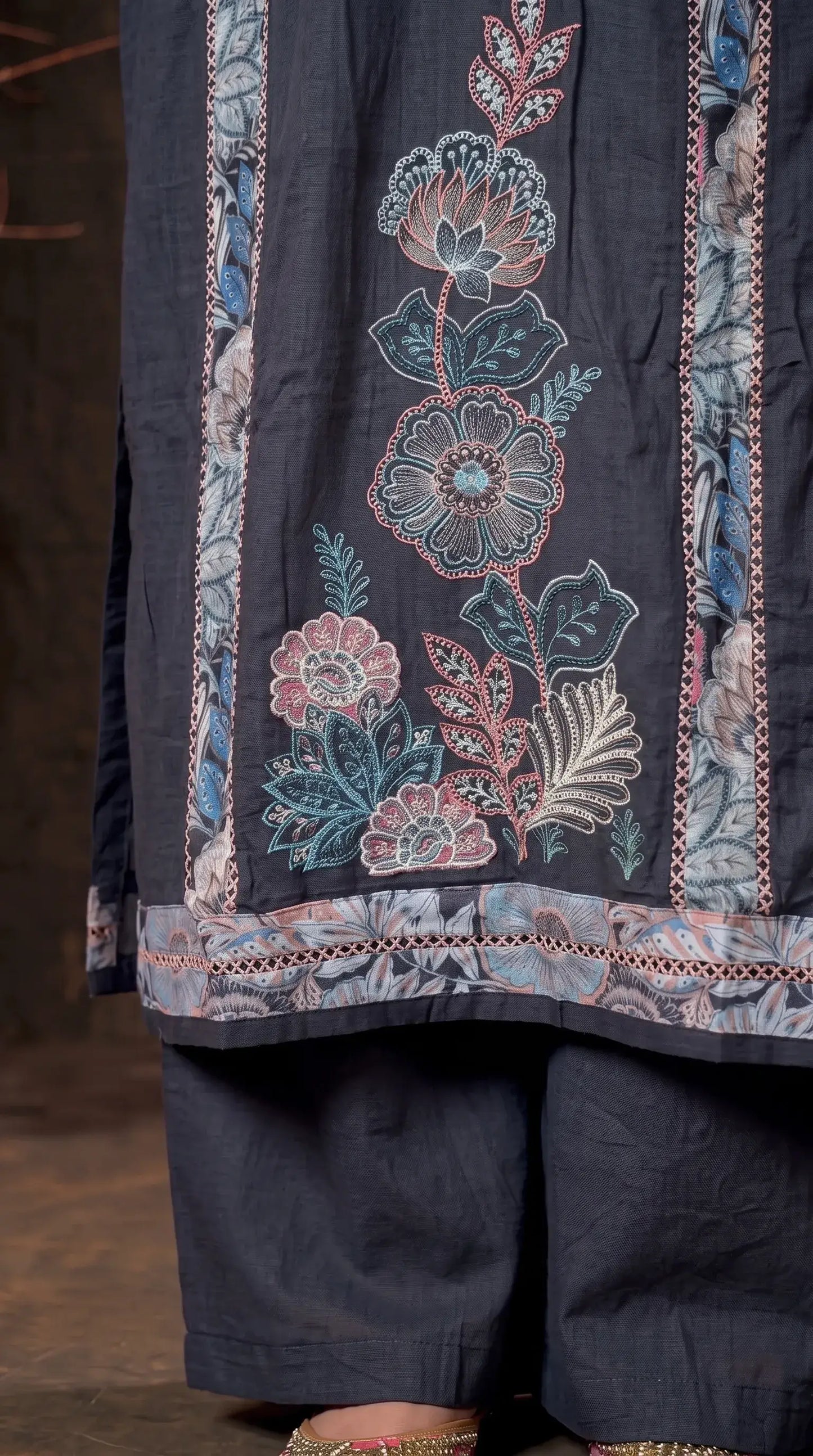 Navy Blue Mul Cotton Suit with Floral Embroidery & Printed Dupatta