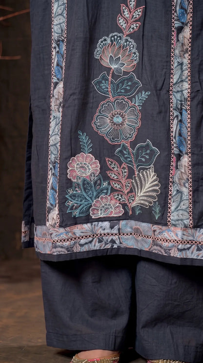 Navy Blue Mul Cotton Suit with Floral Embroidery & Printed Dupatta